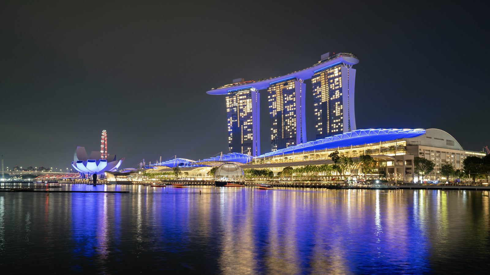 The whole curve of a lit waterfront at night, a lotus-shaped museum at one end and a three-towered hotel at the centre.
