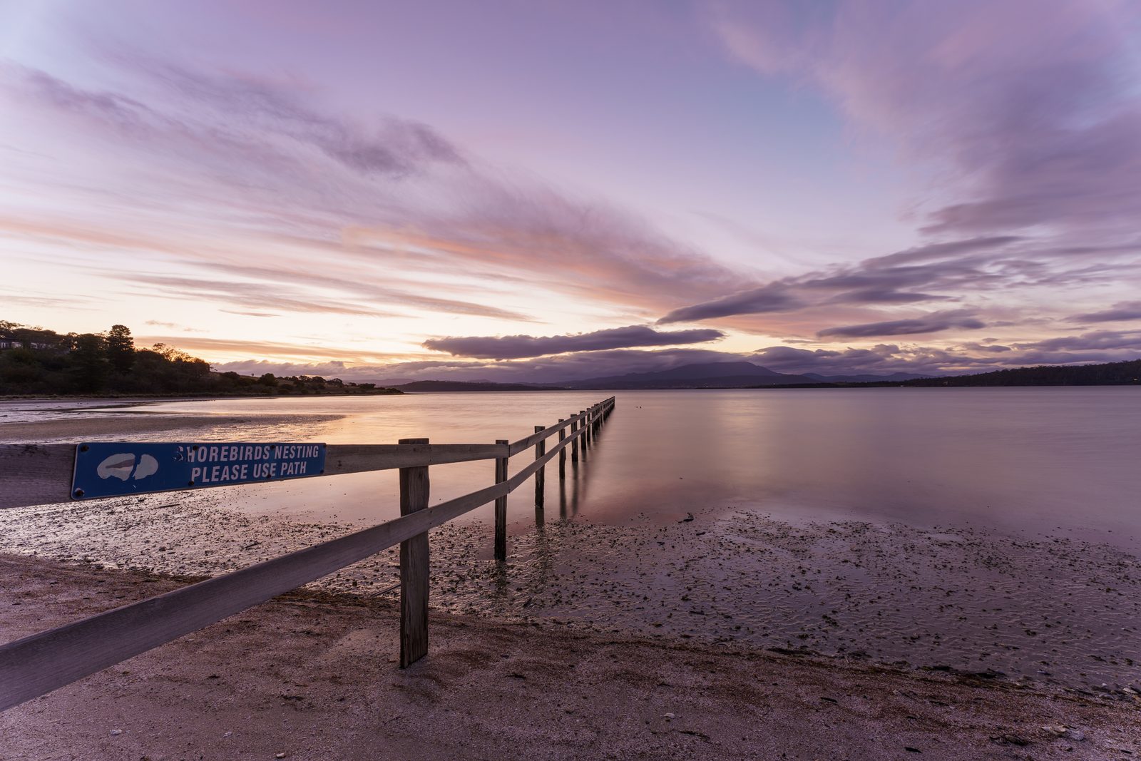 A timber jetty runs into still water under a pink and purple dusk sky, a shorebird nesting sign on the rail in front.