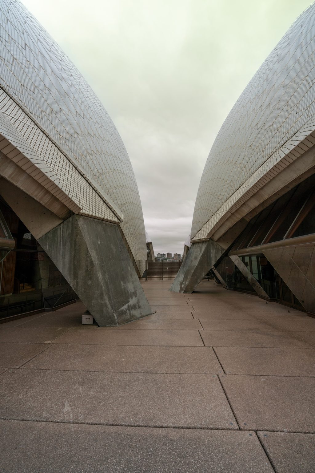 Two white tiled roof shells of the Sydney Opera House curve upward against an overcast sky, framing the harbour skyline between them.