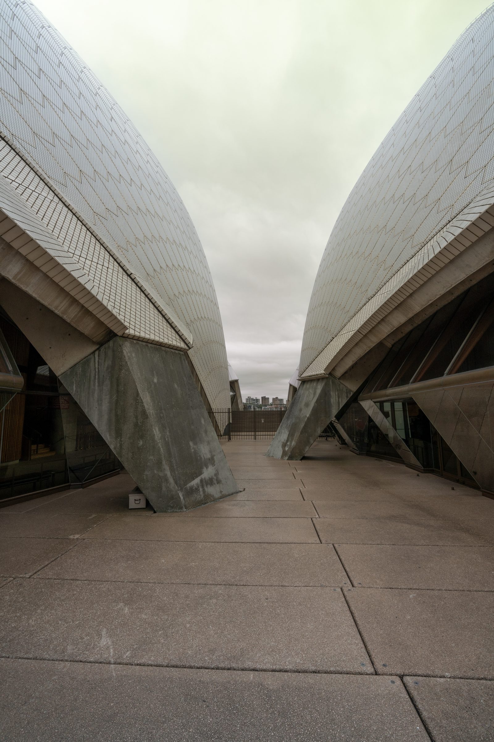 Two white tiled roof shells of the Sydney Opera House curve upward against an overcast sky, framing the harbour skyline between them.