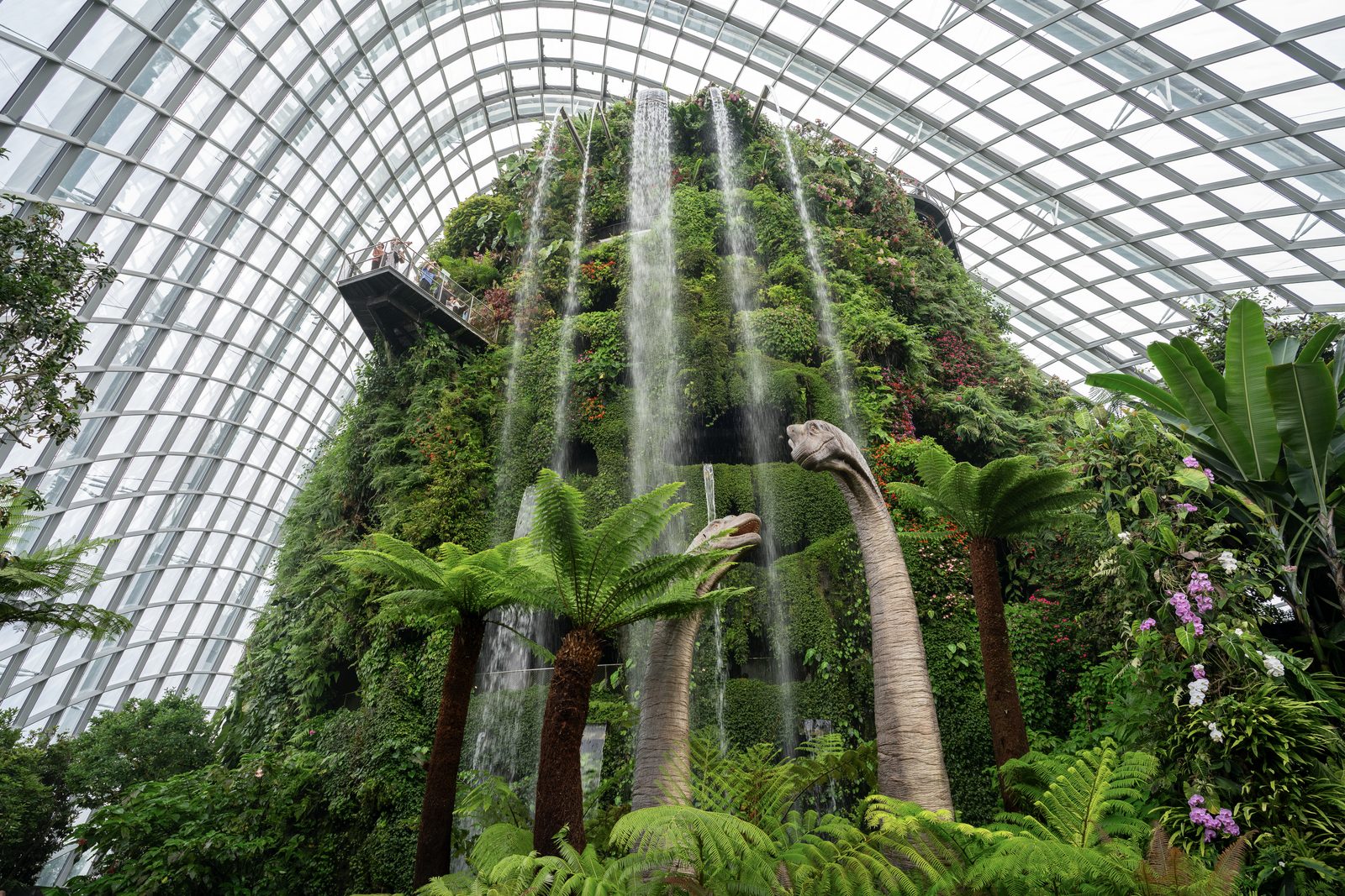 Water falls in thin ribbons down a planted tower inside a glass dome, tree ferns and orchids below it.
